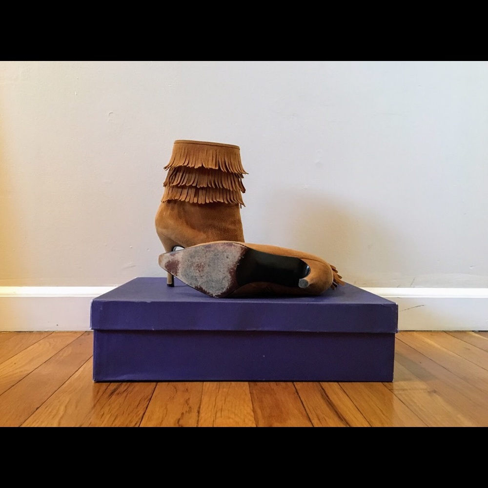 Stuart Weitzman Pancho Fringe Suede Ankle Boots Camel Stiletto Booties - Picture 5 of 5